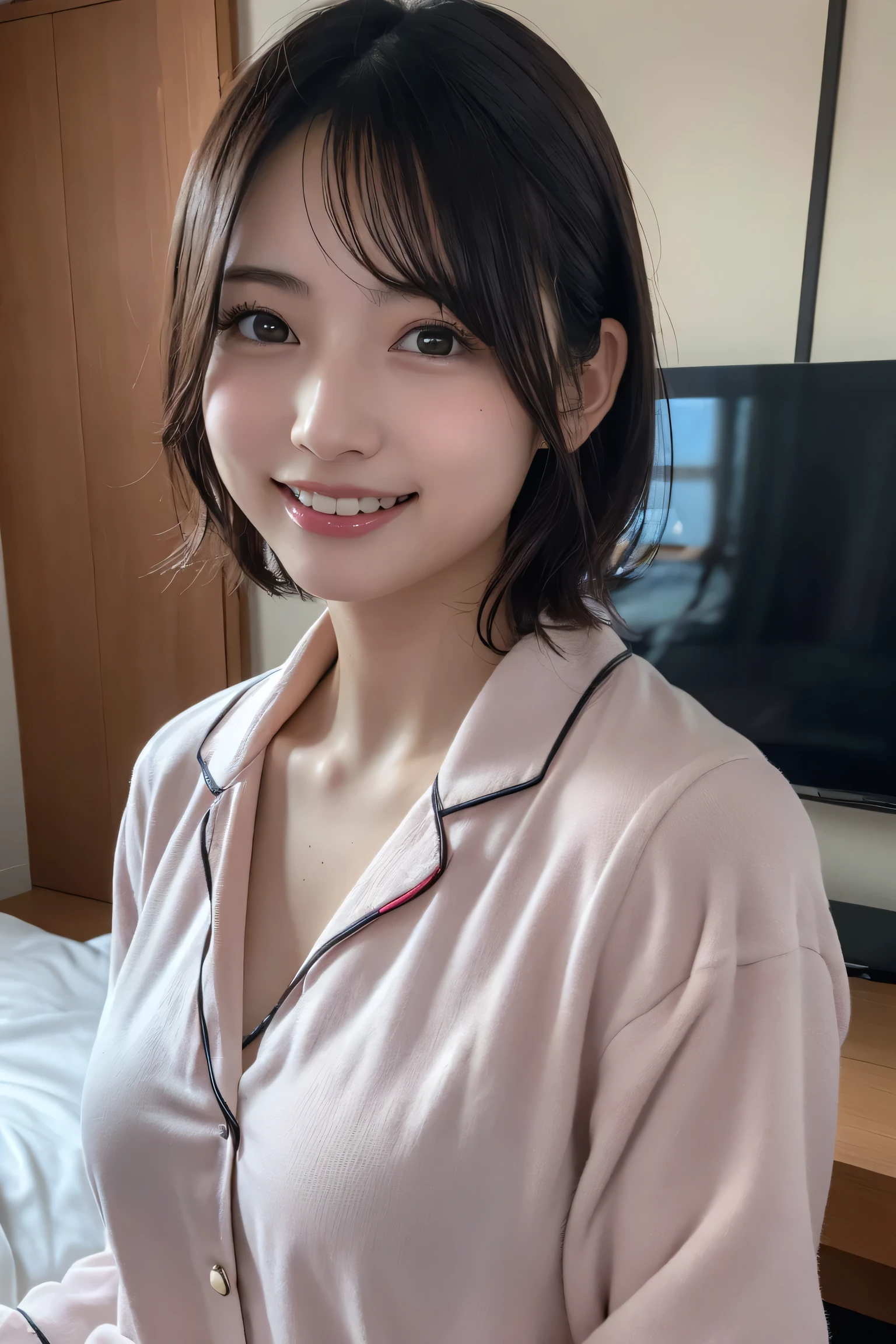 (8K, RAW Photos, Highest quality, High resolution: 1.1), (ultra Realistic: 1.4), (Realistic, Realistic: 1.3), The Beauty of Japan, pajamas, ((Upper Body: 1.3)) High resolution, Realistic image of a Japanese woman with short hair, She has big breasts and red cheeks, Look at that, smile She looks at it, smile, While taking a selfie. Her smartphone is close to her face. She appears to be live streaming from her home., Spread on the bed, With a blanket over my chest.