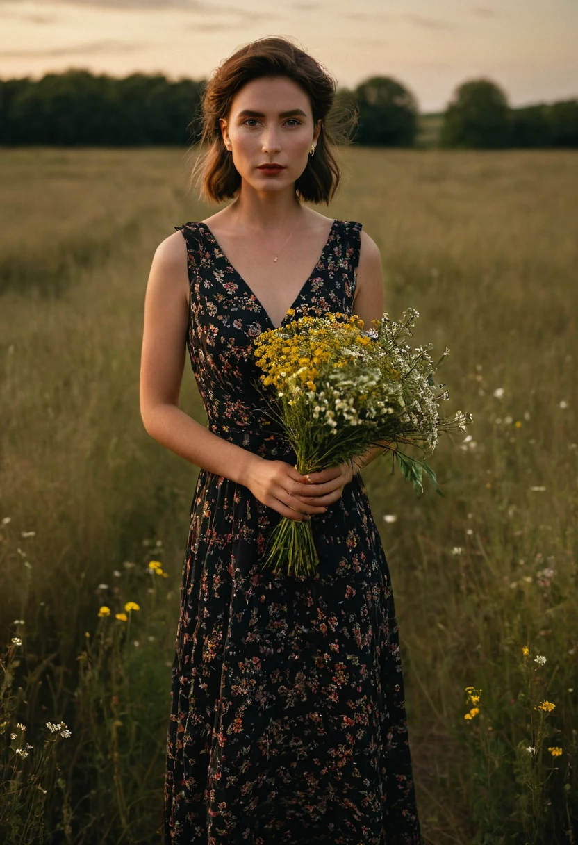 A beautiful award winning full length portrait of a dusky maiden wearing a chic floral dress,she is outdoors,holding a dainty bouquet of precisely arranged wild flowers,minimalistic composition,very dramatic lighting,in the style of wes anderson,hints of david lynch,rule of thirds,portrait lens,magical mood,Black and color,