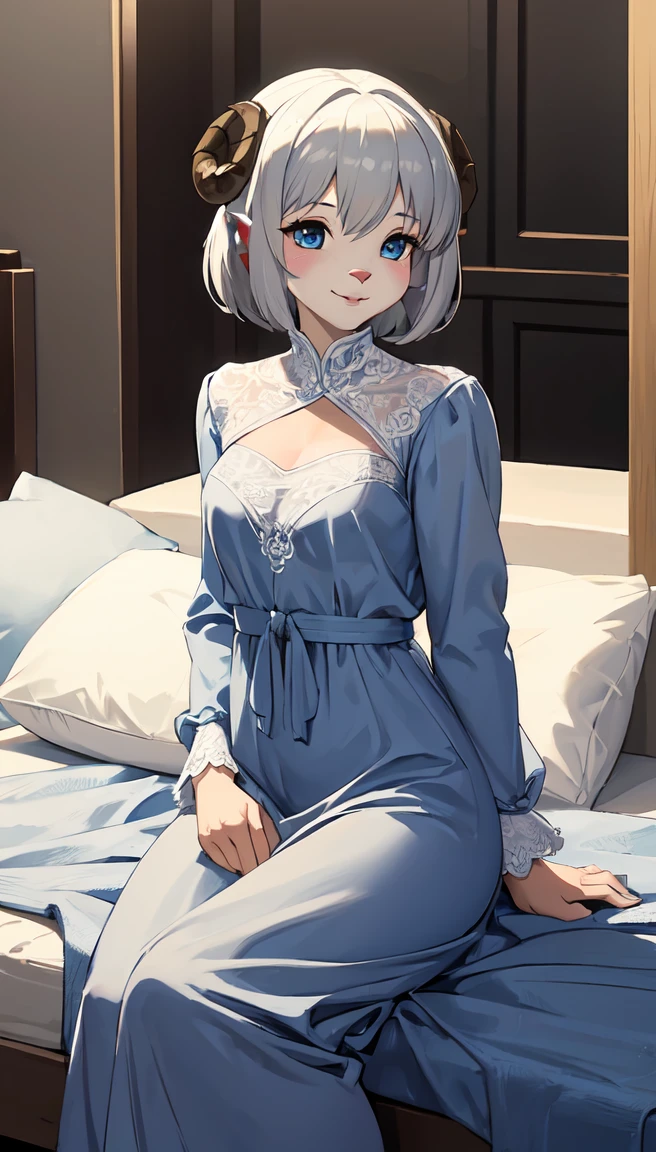 Highest quality,masterpiece, Soft Shading, Perfect Anatomy, Perfect lighting, Perfect focus, Healing, alone, One girl, Furry, Shaggy Sheep, Anthropomorphic, woman, Silver fur, Silvery skin, blue eyes, Before going to bed, pajamas,Long sleeve,Long skirt,(White lace),Small breasts,fantasy town, Upload to e621, Sitting,smile,adult,Long ears,Short Hair,Ram's horn、Perfect Anatomy((Beast Woman, Focus Only)) (((Furry))) (Furry anthro:1.7) ((((Hairy body, Sheep facial features, Physical characteristics of sheep)))) ((Sheep's nose, Very fine body hair)), White skin