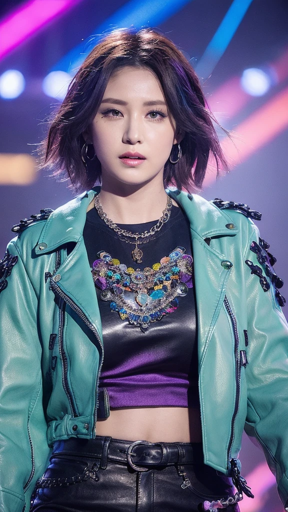 (lifelike, high resolution:1.3), close up,A woman with short hair that transitions from turquoise to violet,Wearing a boldly cut leather jacket,Eyes as sharp as a knife,Full body shot,The tassels on the clothes sway gently with the movement,Metal sculptures are arranged around the,And transparent bubble-like objects,Together they built a strange surreal world。