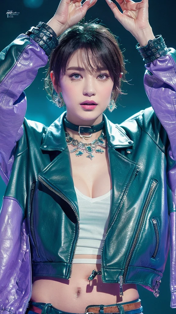 （lifelike， high resolution：1.3）， close up，A woman with short hair that transitions from turquoise to violet，Wearing a boldly cut leather jacket，Eyes as sharp as a knife，Full body shot，The tassels on the clothes sway gently with the movement，Metal sculptures are arranged around the，And transparent bubble-like objects，Together they built a strange surreal world。