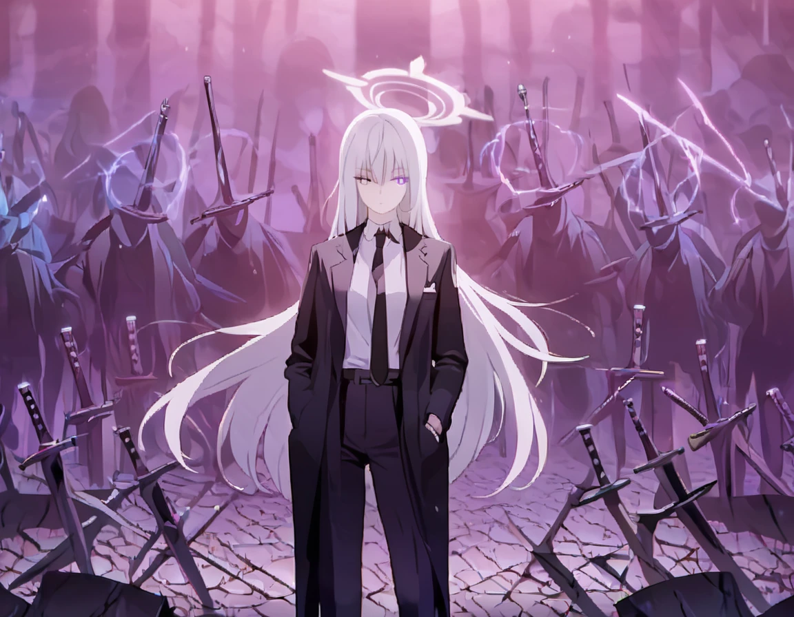 (Highest quality), (High resolution), (masterpiece), (Super detailed), (Bright saturation), Long Hair, White Hair, Heterogeneous eyes: purple left eye and blue right eye, Blue Archive Art Style, One girl, With a black sword, Left hand in pocket, ,(Black long coat, White shirt, Black tie, Black trousers, suit,)  whole body, Many swords stuck in the ground, Girl, Magic circle in the background, Expressionless, Light comes out of the eyes, Dark Aura, Black Light, 