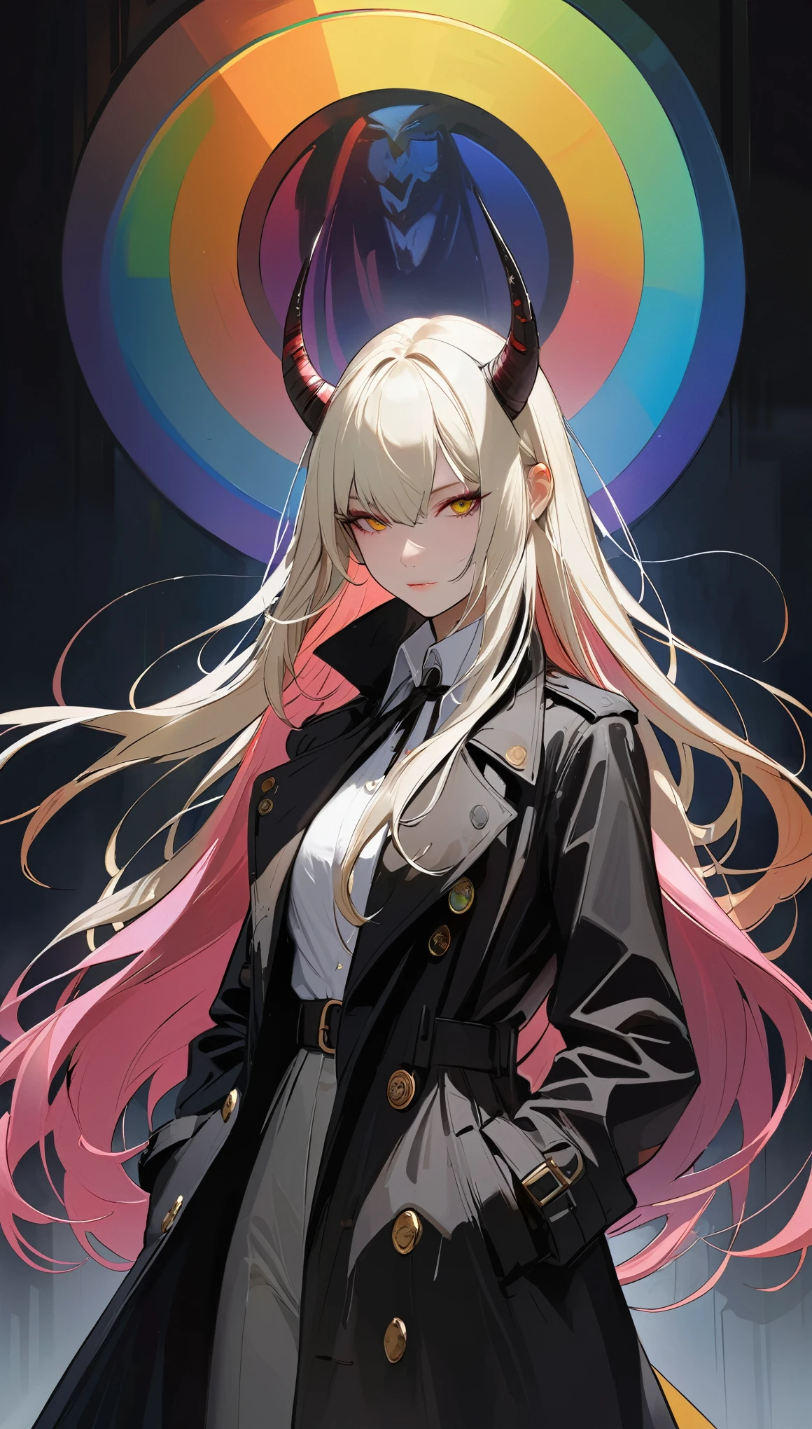 in style of Ashley Wood,in style of Santiago Caruso,
((masterpiece, best quality)),(illustration),(detailedLight),((Extremely exquisite and beautiful)),1 Girl,Black long trench coat,White shirt,Long hair,Silver long hair,Dark shadows,oni_mask, colorful,rainbow color,