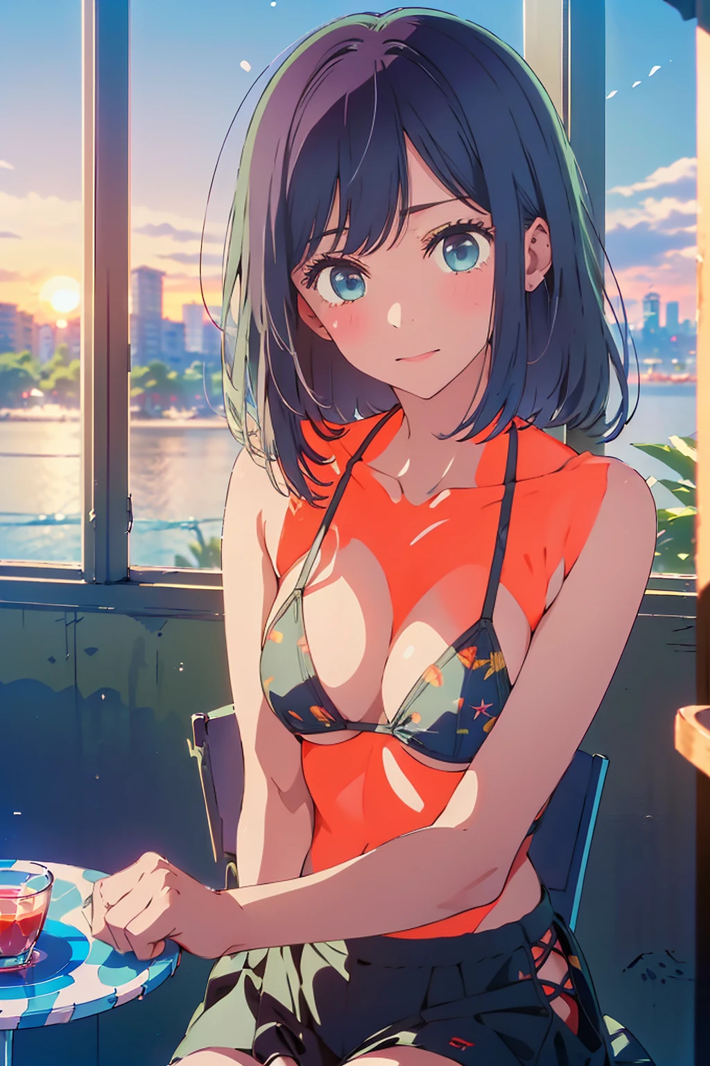(Highest quality:1.4、masterpiece:1.4、Super detailed:1.4、8K:1.4)、F cup bust、Big Breasts、Slim body、((((1 person、Surprised expression、Sit on a chair、In the background are the urban buildings of Tokyo、looking at the camera、Outdoor café terrace、Navy hair color、juice、table、Sunset Beach、sunset、Very cute face))))、(Cheek resting on hand:1.4、Pose with hands tucked behind ears:1.4)、((nude、Areola、bikini size too small))、Big eyes、((((Shallow depth of field))))、Upper body only shot