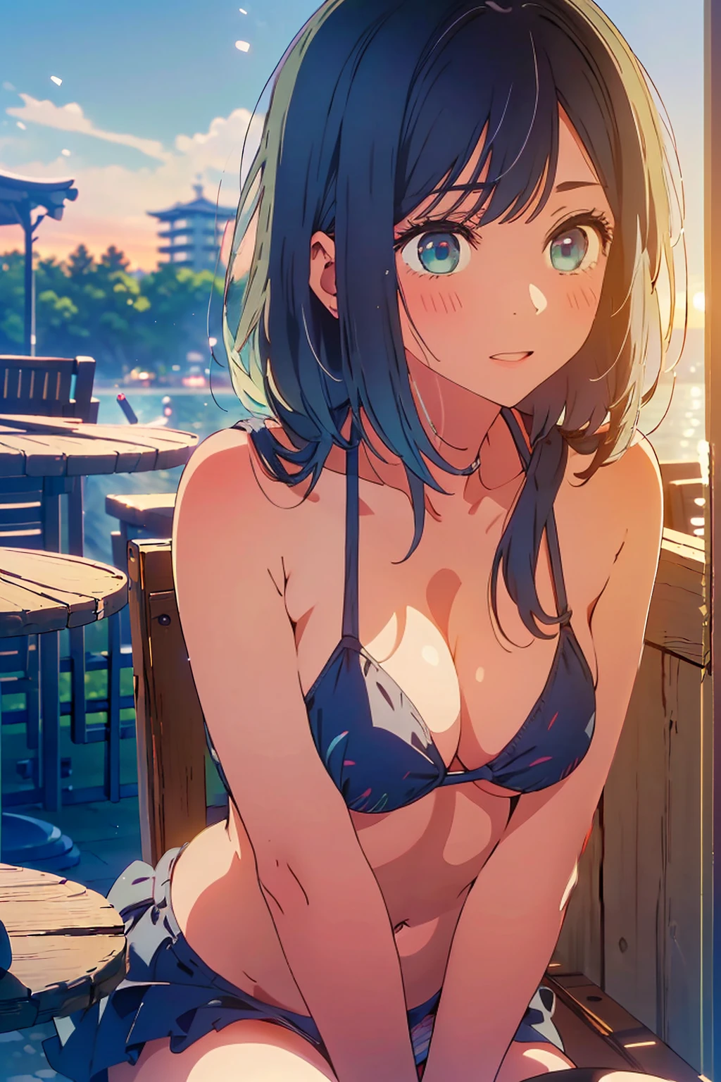 (Highest quality:1.4、masterpiece:1.4、Super detailed:1.4、8K:1.4)、F cup bust、Big Breasts、Slim body、((((1 person、Surprised expression、Sit on a chair、In the background are the urban buildings of Tokyo、looking at the camera、Outdoor café terrace、Navy hair color、juice、table、Sunset Beach、sunset、Very cute face))))、(Cheek resting on hand:1.4、Pose with hands tucked behind ears:1.4）、((nude、Areola、bikini size too small))、Big eyes、((((Shallow depth of field))))、Upper body only shot