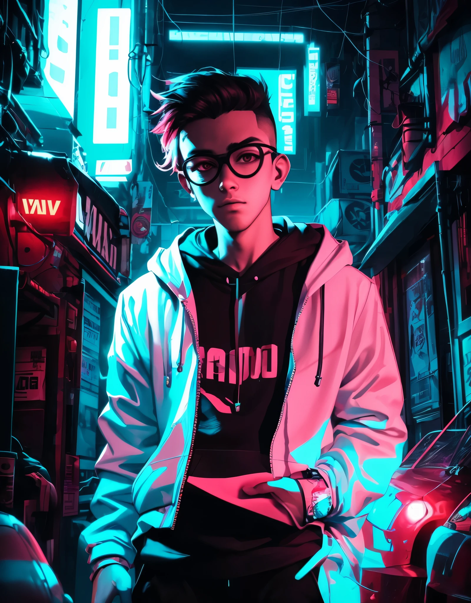 A striking cyberpunk-inspired portrait of a young man wearing a bright neon-colored pair of glasses and a hoodie. The lighting is dark and contrasty, with the neon colors of the glasses popping against the shadows. His eyes are illuminated by the glow of the glasses, and the overall atmosphere is edgy and futuristic, creating a sense of coolness and rebellion