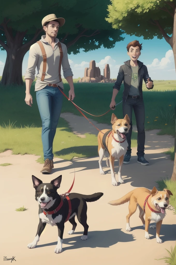 cartoon drawing of two dogs on a leash in a park, animated disney movie inking, published concept art, stylized linework, whole page illustration, by Istvan Banyai, concept art for a video game, by Maksimilijan Vanka, colorkey scene, cartoon concept art