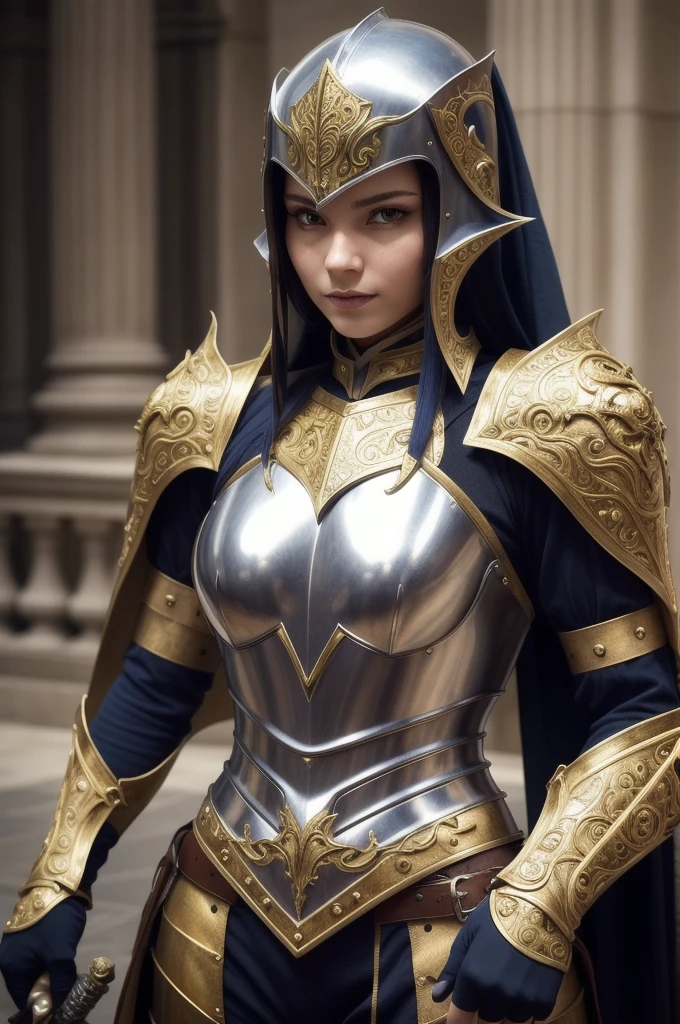 a close up of a woman in armor with a sword, stunning armor, wearing fantasy armor, very stylish fantasy armor, gold heavy armor. dramatic, beautiful armor, fantasy armor, black and gold armor, gothic armor, wearing ornate armor, intricate armour costumes, female armor, ornate gothic armor, ornate , wearing louis vuitton armor, girl in knight armor