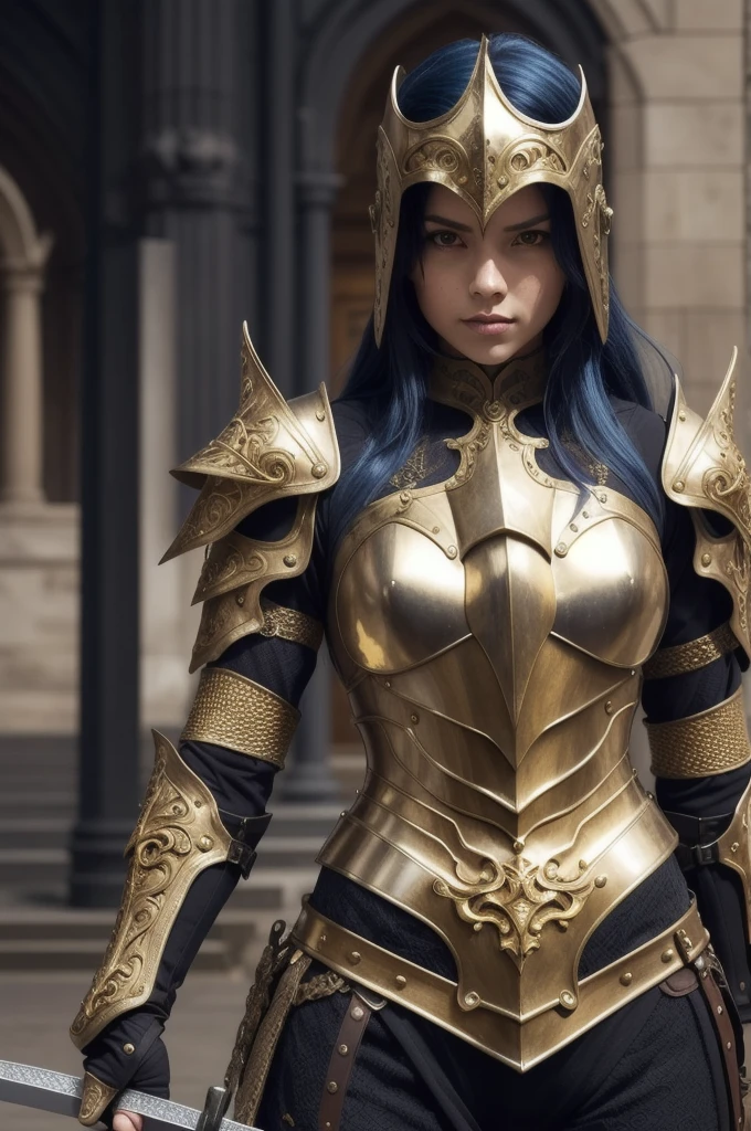 a close up of a woman in armor with a sword, stunning armor, wearing fantasy armor, very stylish fantasy armor, gold heavy armor. dramatic, beautiful armor, fantasy armor, black and gold armor, gothic armor, wearing ornate armor, intricate armour costumes, female armor, ornate gothic armor, ornate , wearing louis vuitton armor, girl in knight armor