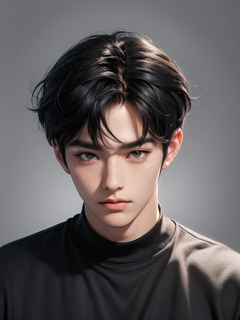 boy with dark black hair and dark brown eyes, freckles on his face, korean boy, has bangs, casual, grey wallpaper, best quality masterpiece, 16k, portrait, asian eyes, monolids, handsome, mid 20, ((Asian)), cute guy, sexy