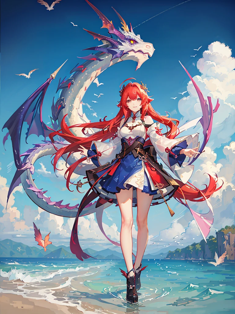 Highest quality, masterpiece, One girl、Red Hair、Smile with your mouth closed、Cute iridescent Asian dragon playing with clouds and wind in the sky, isometric, Beautiful concept art, Optics