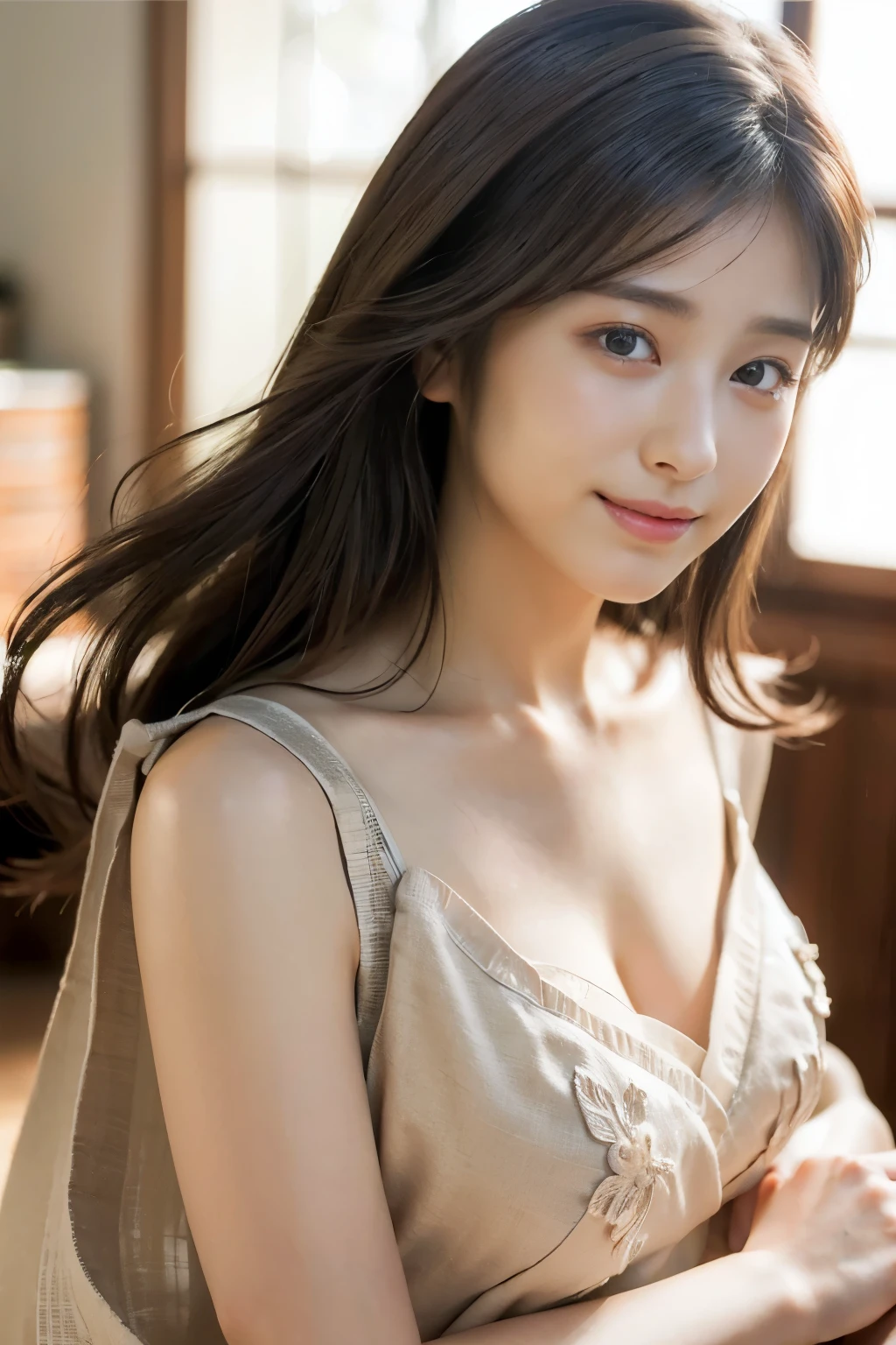 (RAW Photos, Highest quality), (Realistic, Realistic:1.3), Tabletop, smile, Very delicate and beautiful, A soft light is hitting her from the front., (Brown Hair, Straight shoulder-length hair fluttering in the wind), Beautiful detailed girl, (Detailed fingers), Highly detailed eyes and face, Beautiful and detailed nose, Beautiful attention to detail, 1 Girl, Japanese, Pure beauty, cute, (Half Body:1.3), Realistic face, Realistic body,