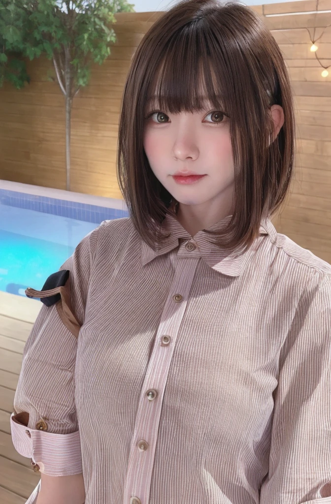 Purelos Face_v1, Highest quality, Realistic, 8K, High resolution, Full Color, One girl, woman, (( woman)), (Mouth closed:1.33), (Portraiture:0.6), wood, Dawn, ((Poolside Background:1.52)), Full Color, ((Buttoned shirt:1.88)), View your viewers:1.8, (One girl eyes View your viewers:1.55), (Medium Hair, Brown Hair, Parted bangs:1.35), (Bokeh),