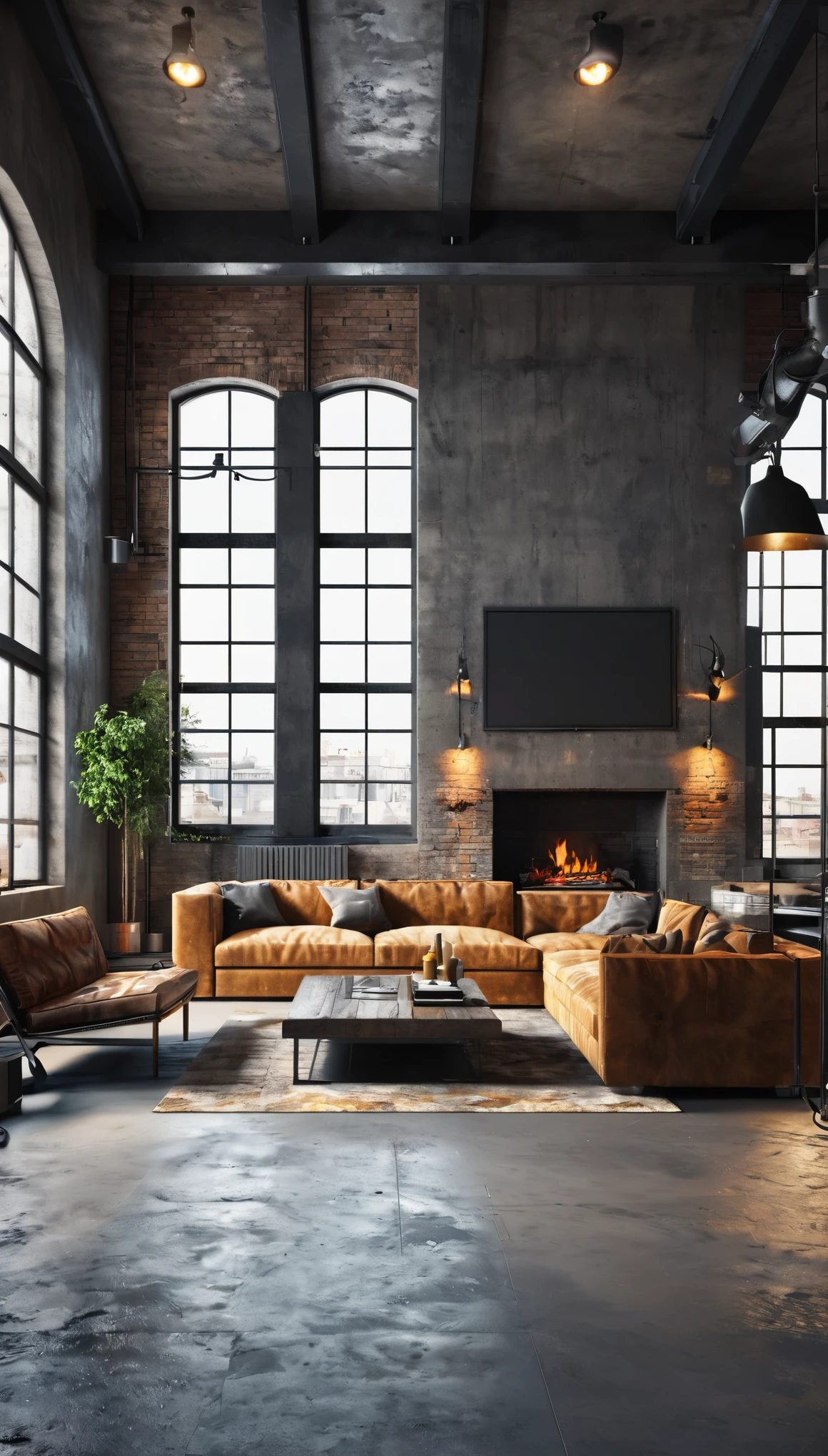 Dark living room loft with fireplace, industrial style, 3d render,design, apartment, indoor, luxury, modern, fireplace, furniture, living room, sofa, window, interior, concrete, table, contemporary, industrial, loft, rustic, home, industry, dark, nobody, style, wall, architecture, floor, living, room, armchair, urban, decoration, house, lifestyle, horizontal, hotel, no people, open, stylish, color image, space, decor, old, wood, background, day, industrial style, 3d, 3d render, carpet, cosy, couch