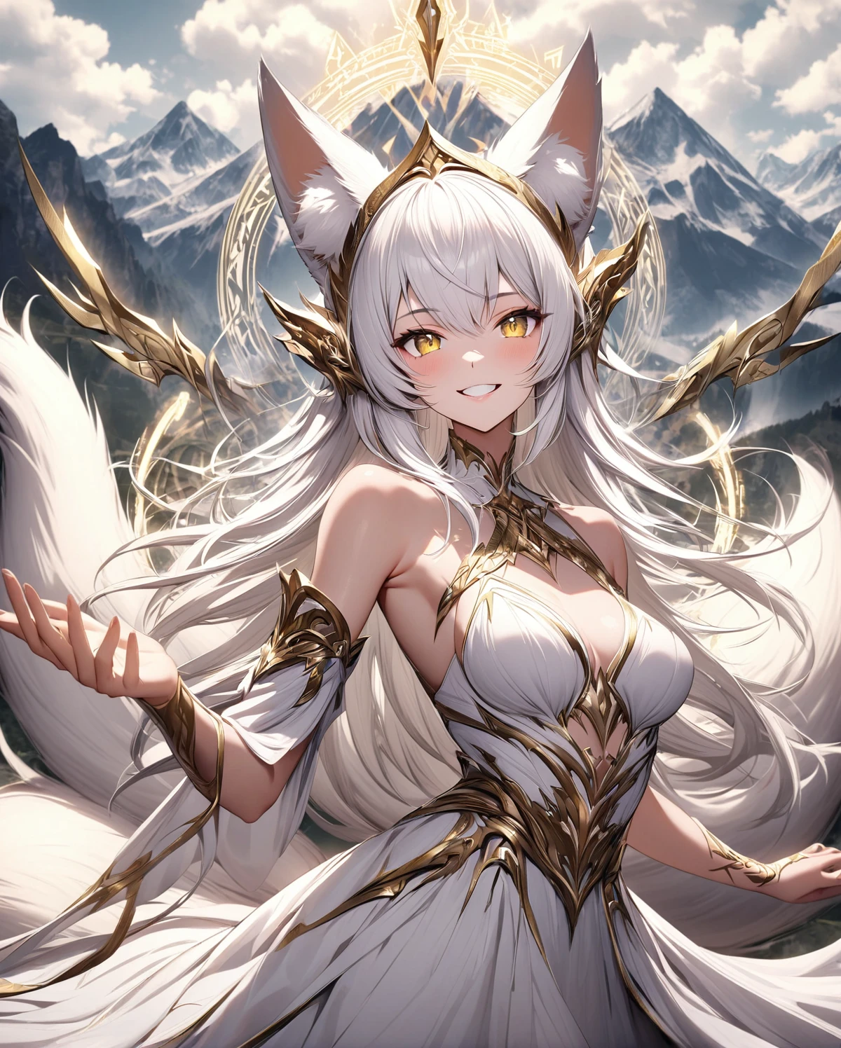 perfect eyes, elegant stance, ((neko ears)), ((fox tail)), happy, long white hair, yellow eyes, enchanting look, black tiara, mountain, clouds, epic, close shot, looking at viewer, parted lips, teeth, cute smile, medium breast, white dress, bare shoulders, magic circle glyph incantation from one hand