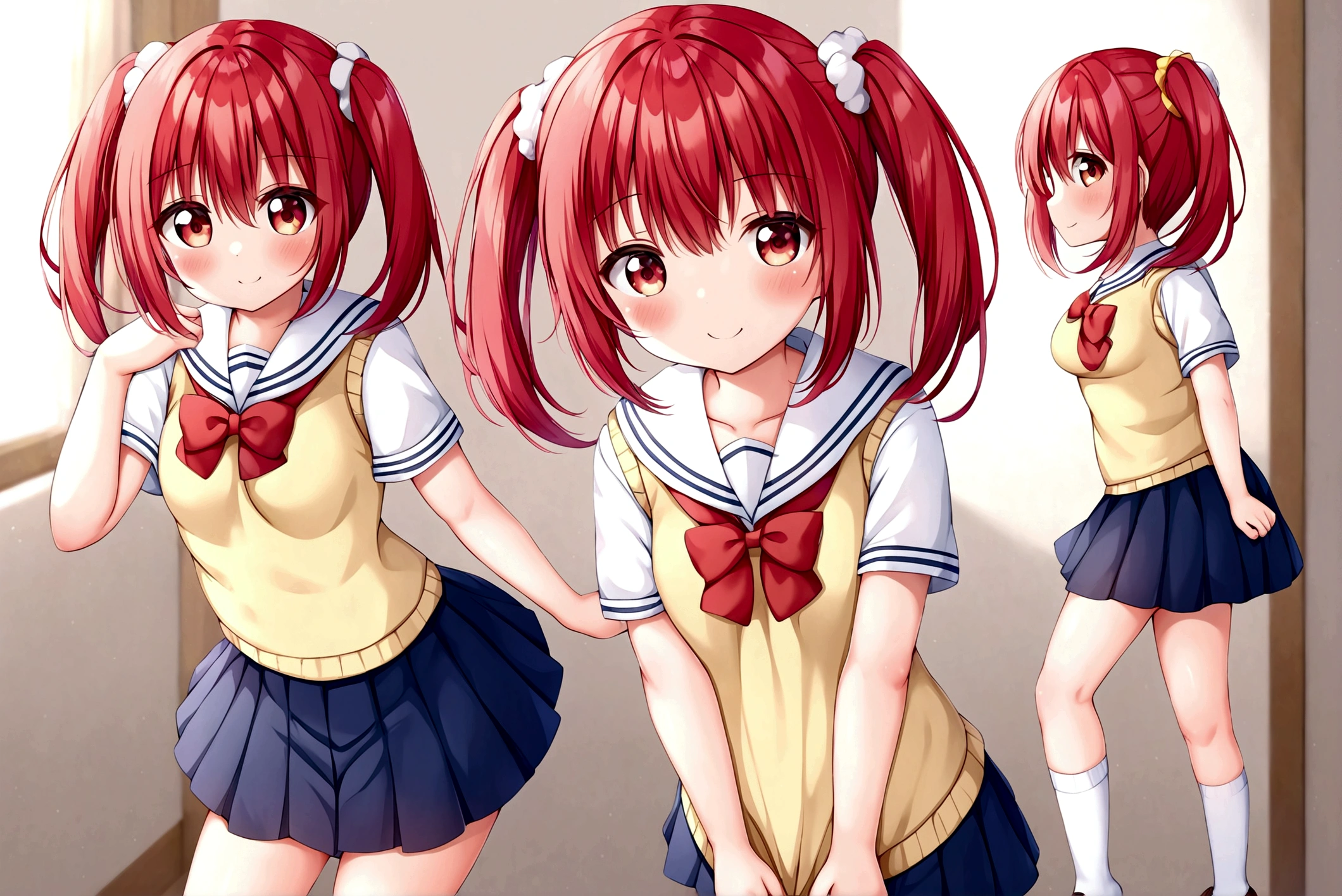 cute school girl, red hair short,