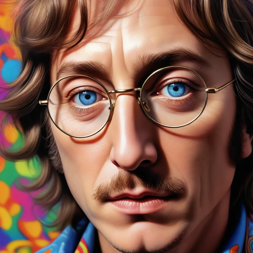 a portrait of john lennon, round glasses, psychedelic art, detailed face, beautiful detailed eyes, beautiful detailed lips, extremely detailed eyes and face, long eyelashes, portrait, digital art, vibrant colors, surreal, intricate details, dynamic composition, dramatic lighting, abstract background, mind-bending, visionary, trippy, transcendent, mesmerizing, captivating, best quality, 8k, highres, masterpiece, ultra-detailed, realistic, photorealistic