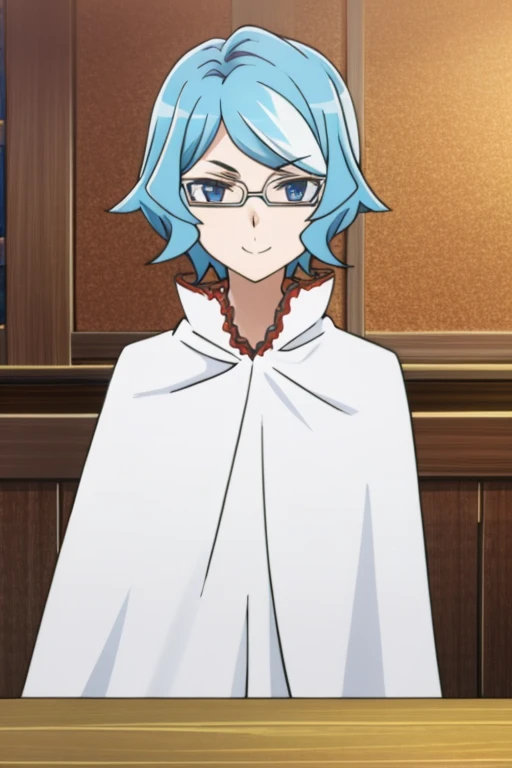 tall body, tall, long legs, smile, mature female, mature, adult, eft_danmachi_blue, glasses, 1girl, female focus, solo, upper body, looking at viewer, blue hair, blue eyes, short hair, white cape, closed mouth,