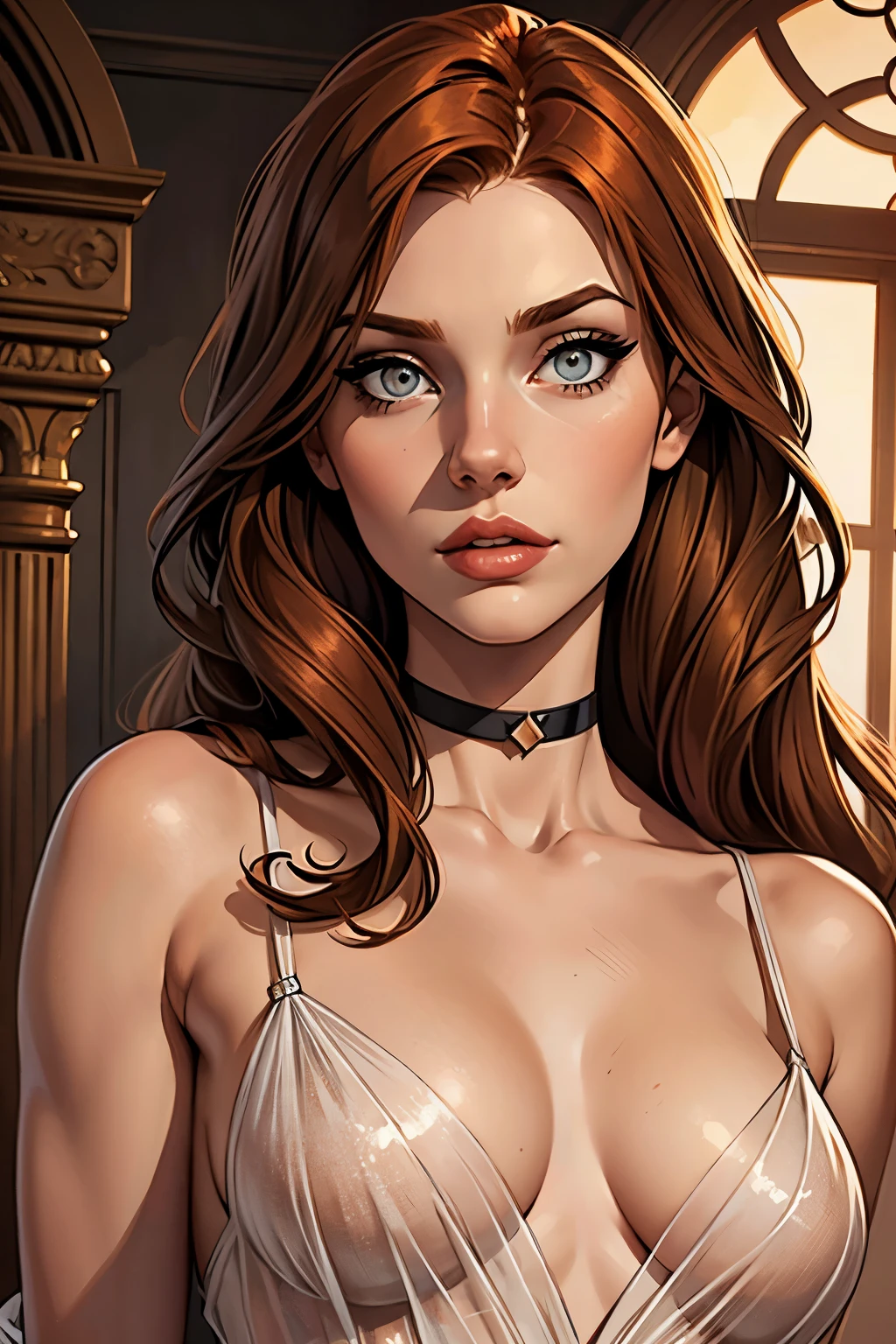 best qualityer, work of art, (realisitic: 1.2), 1 girl, slender girl, ginger hair, eyes browns, 3/4 view, face detailed, gorgeous eyes, eyes gray, eyes large, breasts small, choker, see through gown