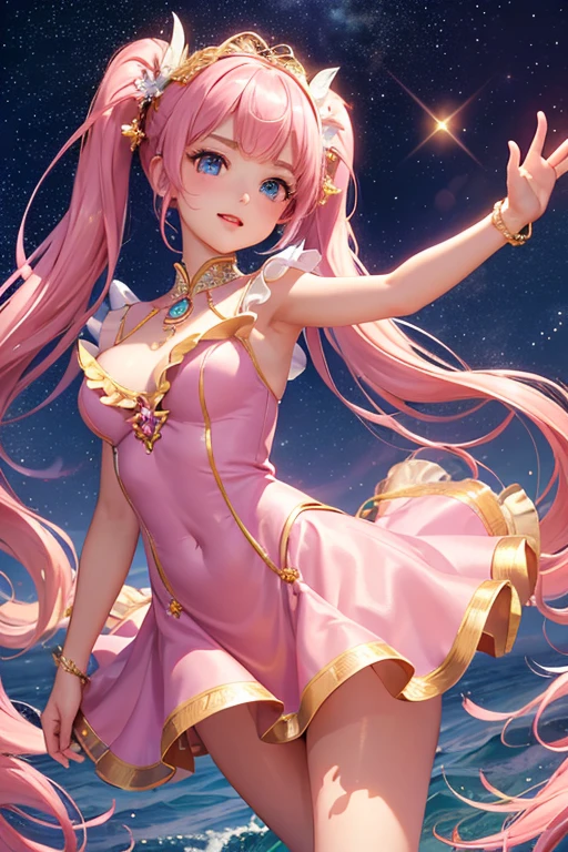 Highest quality、Highest quality、Masterpiece、woman1people、Pink shiny decollete dress、Golden embroidery、Frill mini skirt dress、Perfect body line、Adorable poses、Realistic、Glowing Skin、Groomed eyebrows、Pink Lips、Blue Eyes、Twin tails、delicate、Shiny Hair、detailed、Skirt in the wind、The background is the starry sky and the sea、