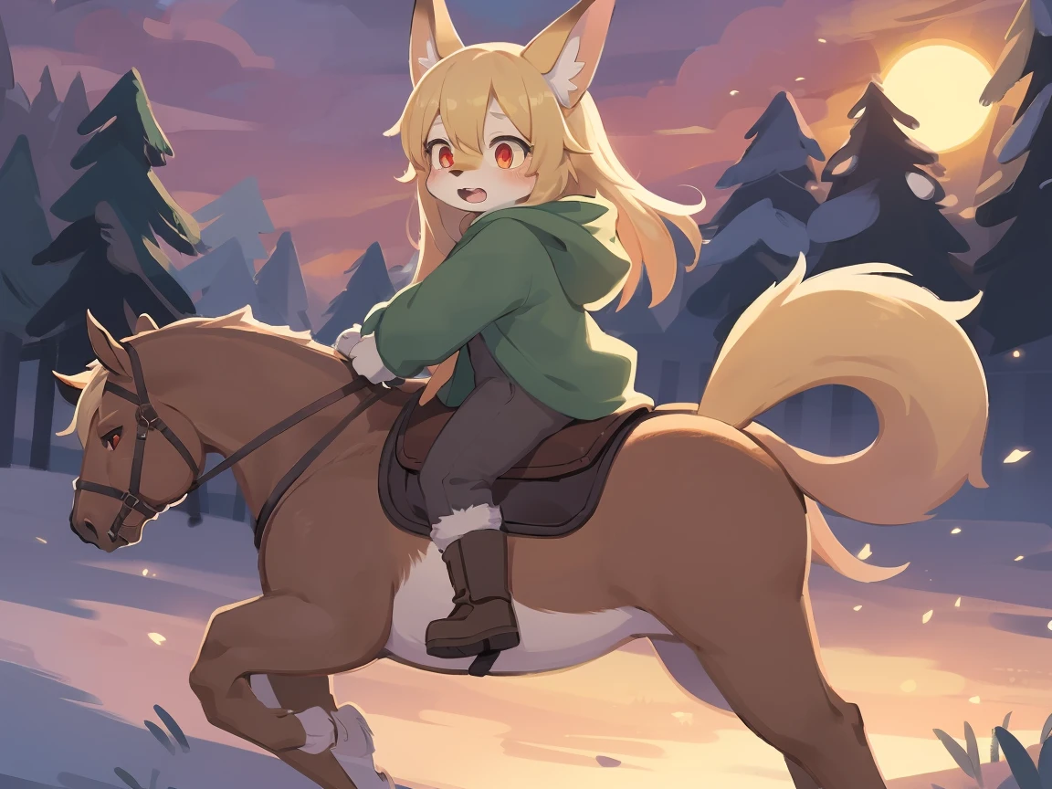 the fox, , was hairy, shaggy, skin fur, smooth lashes, golden fur, forelimb hands, straight long blonde hair, solid circle eyes, golden ears, golden fur, golden facial fur, shiny hair, red eyes, super cute face, 1fox tail, fluffy tail, furry tail, glowing eyes, green coat green hood down, brown trousers, riding unsaddled horse, open mouth, embarrassed, ambient light, ultra-fine fur, dashed eyes, full body, masterpiece, high quality, high-details, best quality, wide short, (((solo))), twilight, sun light, red sky, rim light