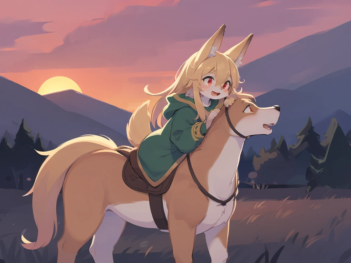 the fox, , was hairy, shaggy, skin fur, smooth lashes, golden fur, forelimb hands, straight long blonde hair, solid circle eyes, golden ears, golden fur, golden facial fur, shiny hair, red eyes, super cute face, 1fox tail, fluffy tail, furry tail, glowing eyes, green coat green hood down, brown trousers, riding unsaddled horse, open mouth, embarrassed, ambient light, ultra-fine fur, dashed eyes, full body, masterpiece, high quality, high-details, best quality, wide short, (((solo))), twilight, sun light, red sky, rim light