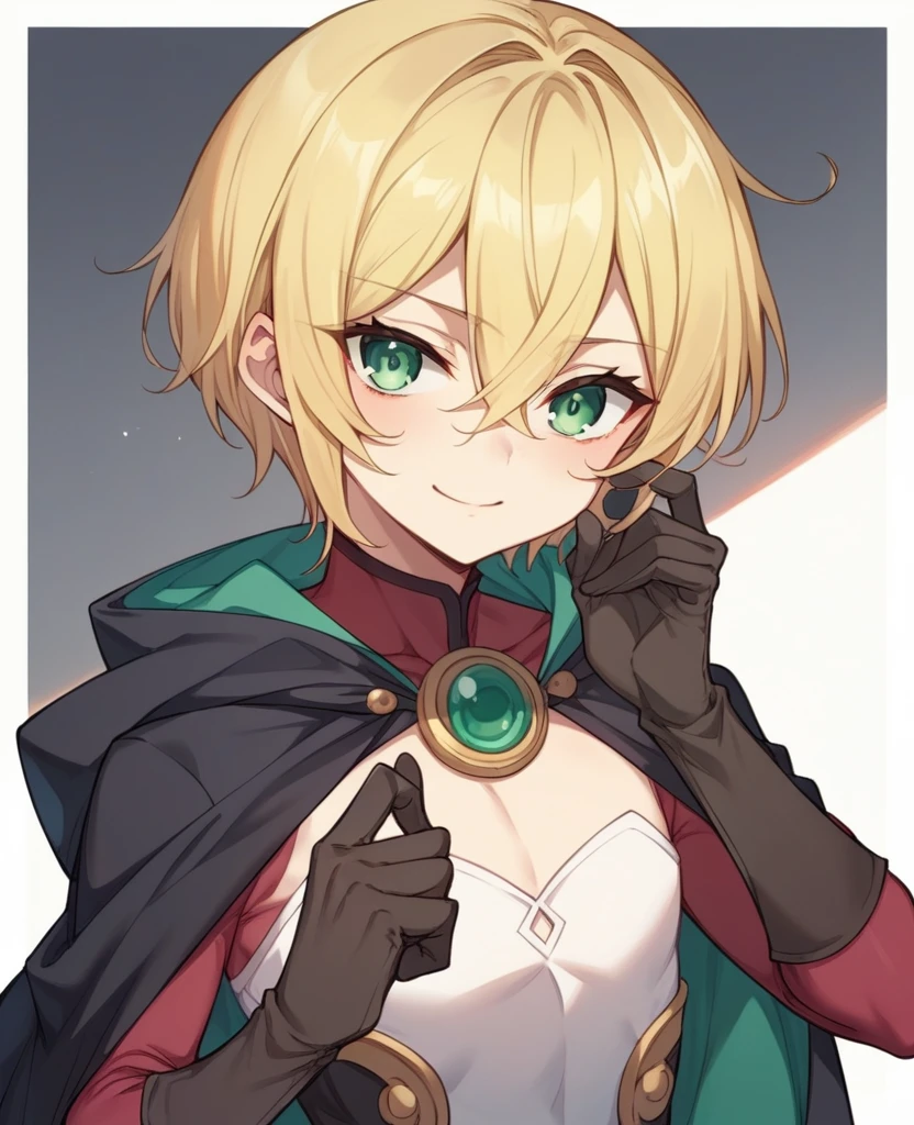 （One girl）、((short hair))、((Blonde))、（Sato Air）、((boyish))、Crossdresser、((flat chest))、green eyes、[wizard]、[black cape]、Black long sleeve、((hairs between eyes))、gloves 、[light smile]