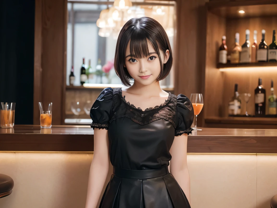(Highest quality, masterpiece, Ultra-high resolution, 8K, RAW Photos, Realistic, Anatomically correct:1.5), 20-year-old girl:1.2, Embarrassing, avert your eyes, blush:1.0, View Viewer, ((Bar Lounge)) 、Night view、 Light:1.2, Bokeh, Cinema Lighting:1.0, Depth of written boundary, sharp、 Cute face、Idol、Black short sleeve lace top、Black pleated skirt、Black clothing、”dwarf”、(Floral clothes)、(Full Body Shot)、Side angle、Cowboy Shot、 smile、(Ultra short hair)、(Short bob cut)、(Straight bangs)、((See-through))、(( One Girl))、Large Breasts、