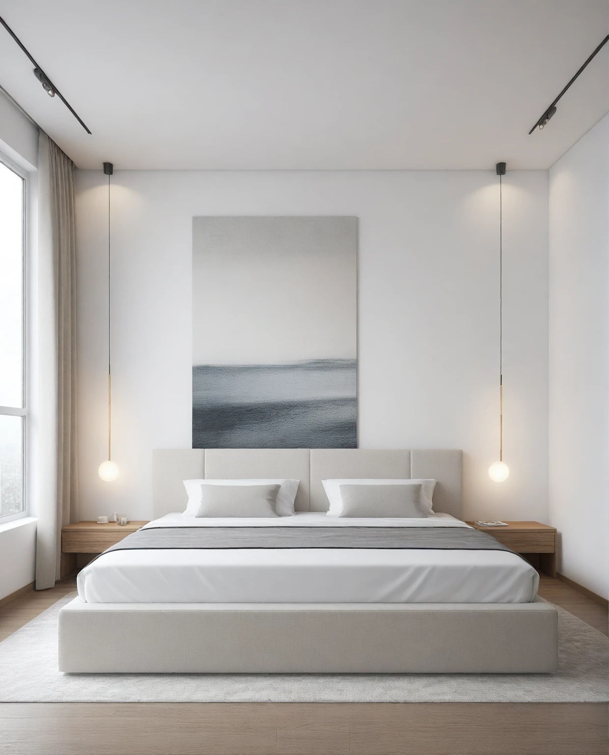 Raw photo,Masterpiece, high quality, best quality, authentic, super detail, indoors, interior ,((bedroom : 1.3)), modern style, daylight, (WHITE WALL).