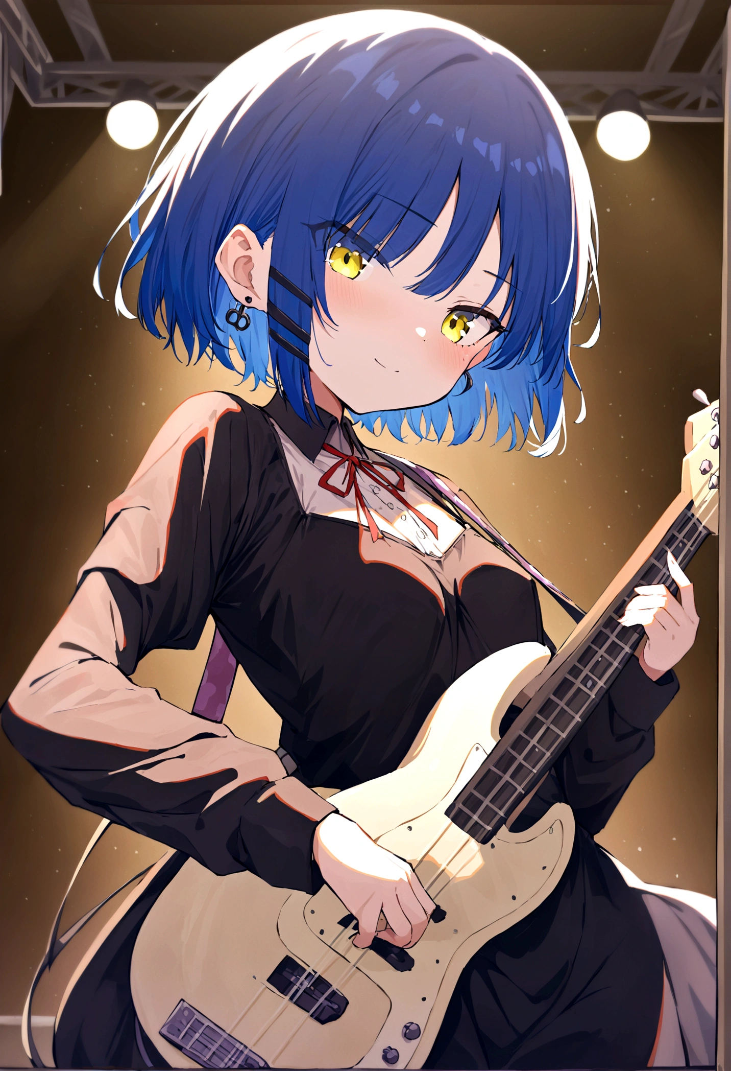 (best quality, highres, masterpiece : 1.4), (flatten art : 0.8), masterpiece, (best quality), 1girl (ager) , anime, deep blue hair hair, 2 black hair clip, black pin earring, fair skin, faint yelllow eyes, small sized breast, no expression (faint smile:0.7) , (detailed face), (black dress, red ribbon), playing bass,night, eyes to the viewer, (background: indoor band stage, indie vibe, dim lighting)