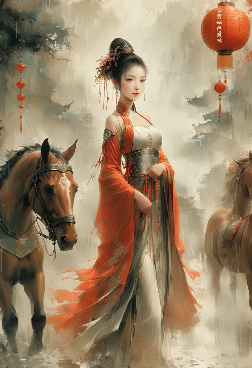 There is light rain under the sky, with elegant colors.A young ancient Chinese girl, with her hair tied up high, dressed in red and ancient armor, leading a horse, the background is the lively fair,the big scene, the big scene,Atmospheric , in style of faint watercolor