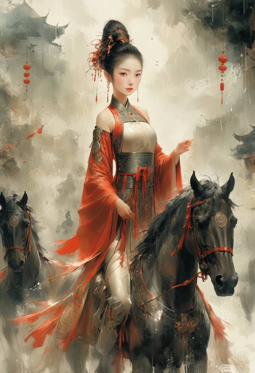 There is light rain under the sky, with elegant colors.A young ancient Chinese girl, with her hair tied up high, dressed in red and ancient armor, leading a horse, the background is the lively fair,the big scene, the big scene,Atmospheric , in style of faint watercolor
