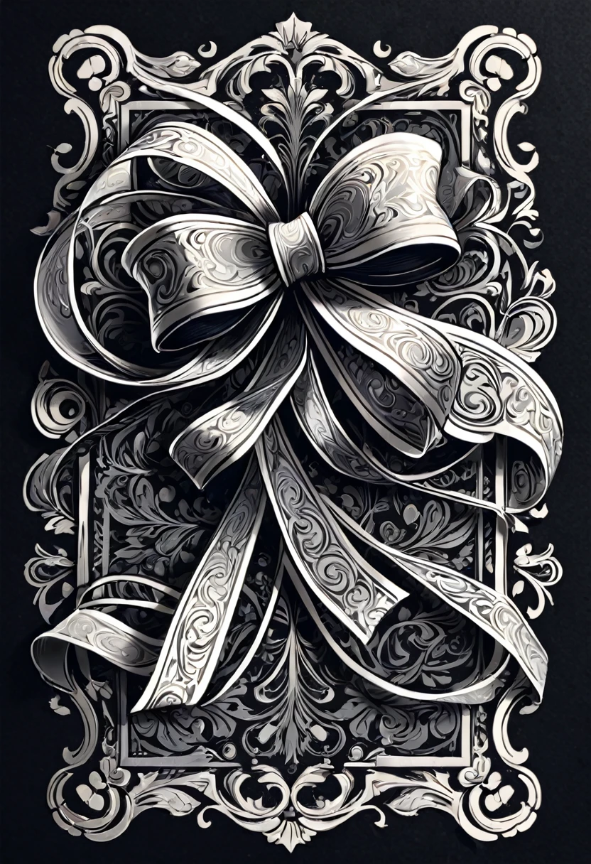 masterpiece、super beautiful、8K、An illustration of a bowknot ribbon drawn in the style of medieval black and white letterpress printing.