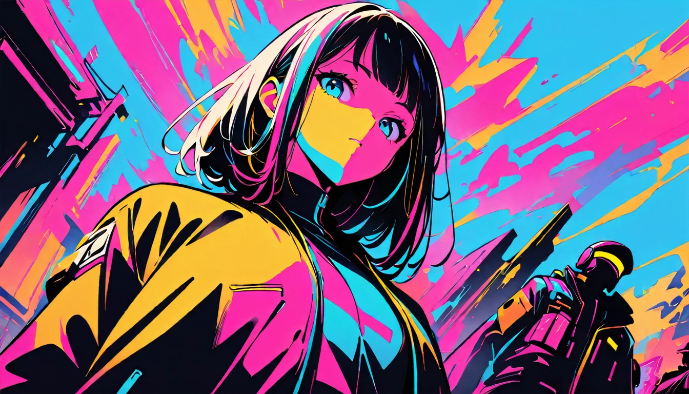 (high quality, 8K, 4K, High Contrast, masterpiece:1.2, 最high quality, Best aesthetics), (Dynamic Angle), ((1 female)), ((cyber punk)), ((Flat Color)), ((Colorful art)),Helmet,Riders jacket, Looking at the audience, Upper Body, Colored Background, High Contrast, Contrasting colors, Cowboy Shot,