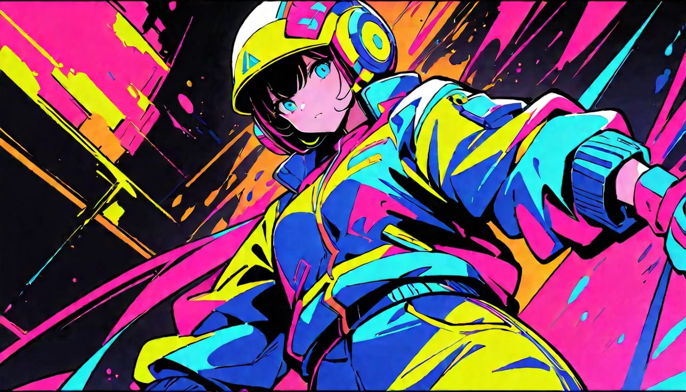 (high quality, 8K, 4K, High Contrast, masterpiece:1.2, 最high quality, Best aesthetics), (Dynamic Angle), ((1 female)), ((cyber punk)), ((Flat Color)), ((Colorful art)),Helmet,Riders jacket, Looking at the audience, Upper Body, Colored Background, High Contrast, Contrasting colors, Cowboy Shot,