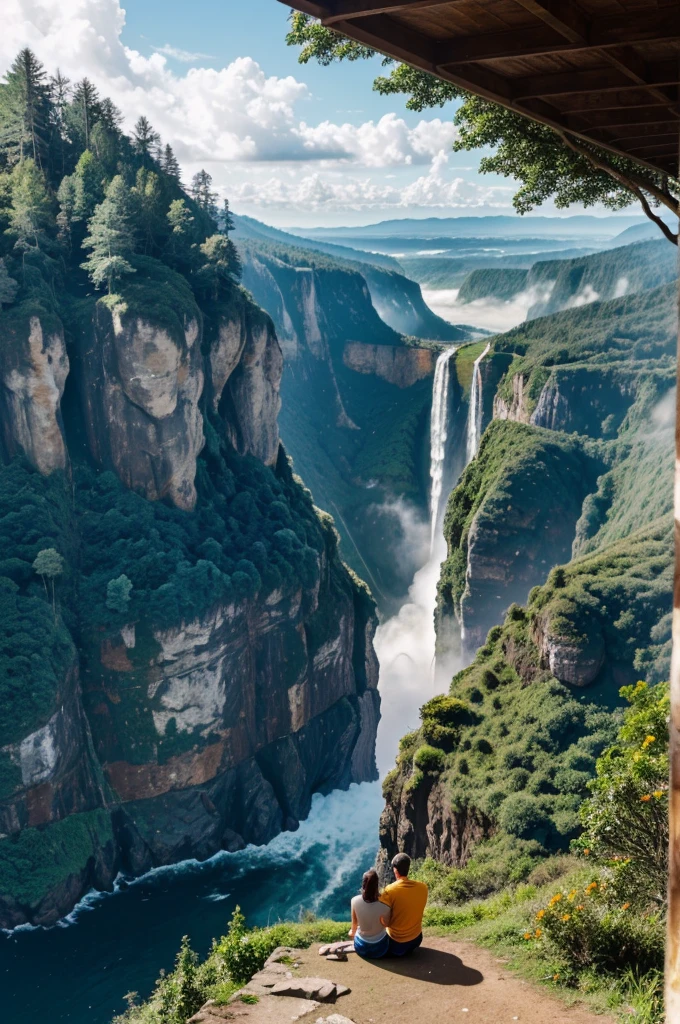 Illustrated scene of an orange van parked on the edge of a lush green cliff with two people nearby. One person stands at the cliff's edge, while the other sits atop the van. The background showcases a vivid sky with clouds, distant mountains, and a waterfall cascading into the mist below. Tall trees with dense foliage frame the top of the image, creating a serene and adventurous atmosphere.