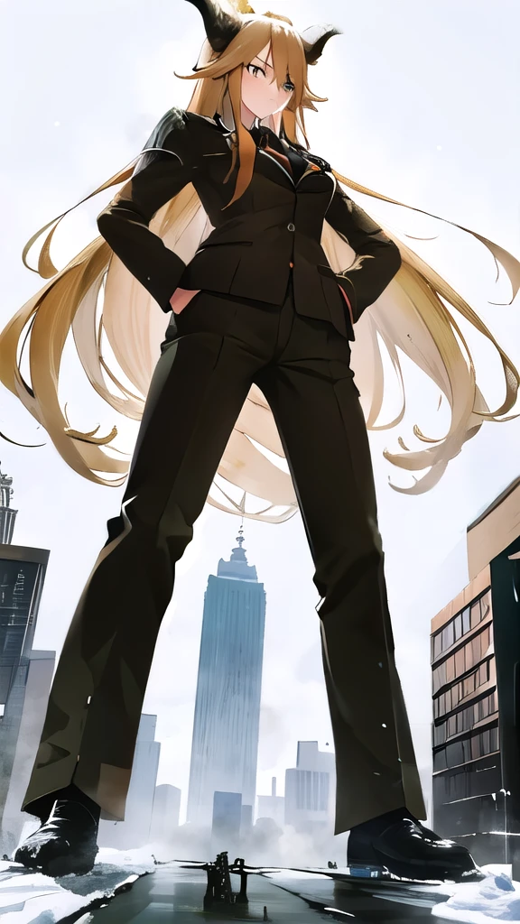 degenbrecher_arknights,giantess,look down,fullbody,Looking Down,Standing with your legs apart,microcity,Urban Background,Snow-covered city,No exposed legs,Long trousers,uniform