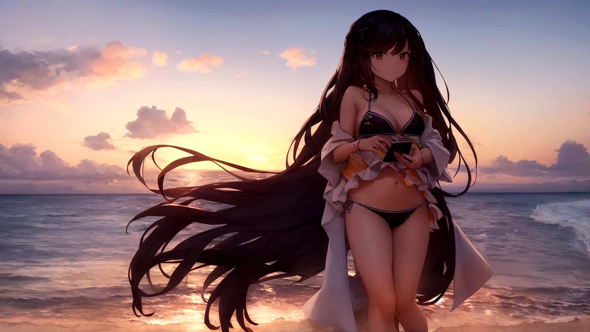 Men and women operating smartphones Midsummer Beach sunset Swimwear whole body casual