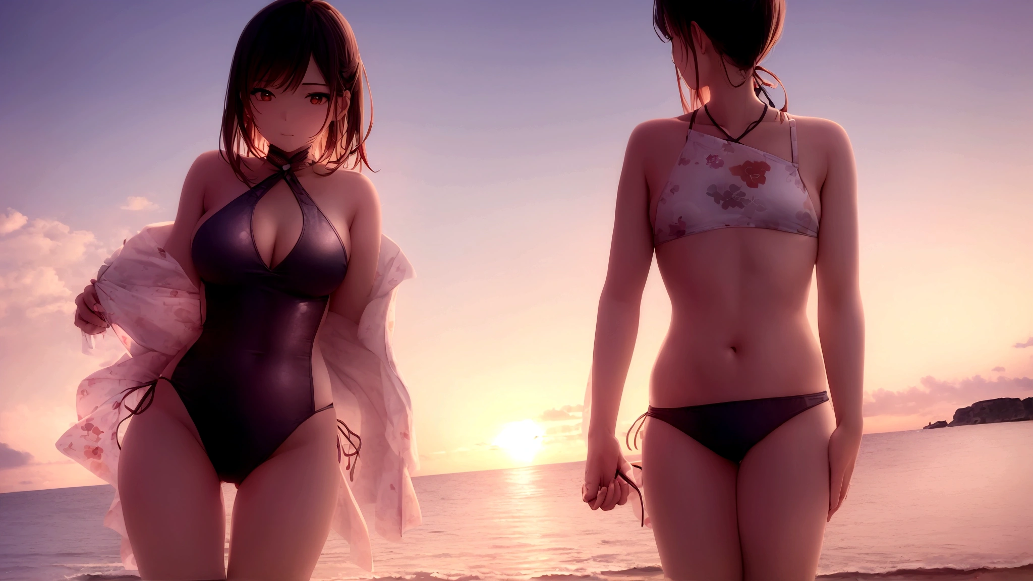 Men and women operating smartphones　Midsummer Beach　sunset　Swimwear　whole body　casual