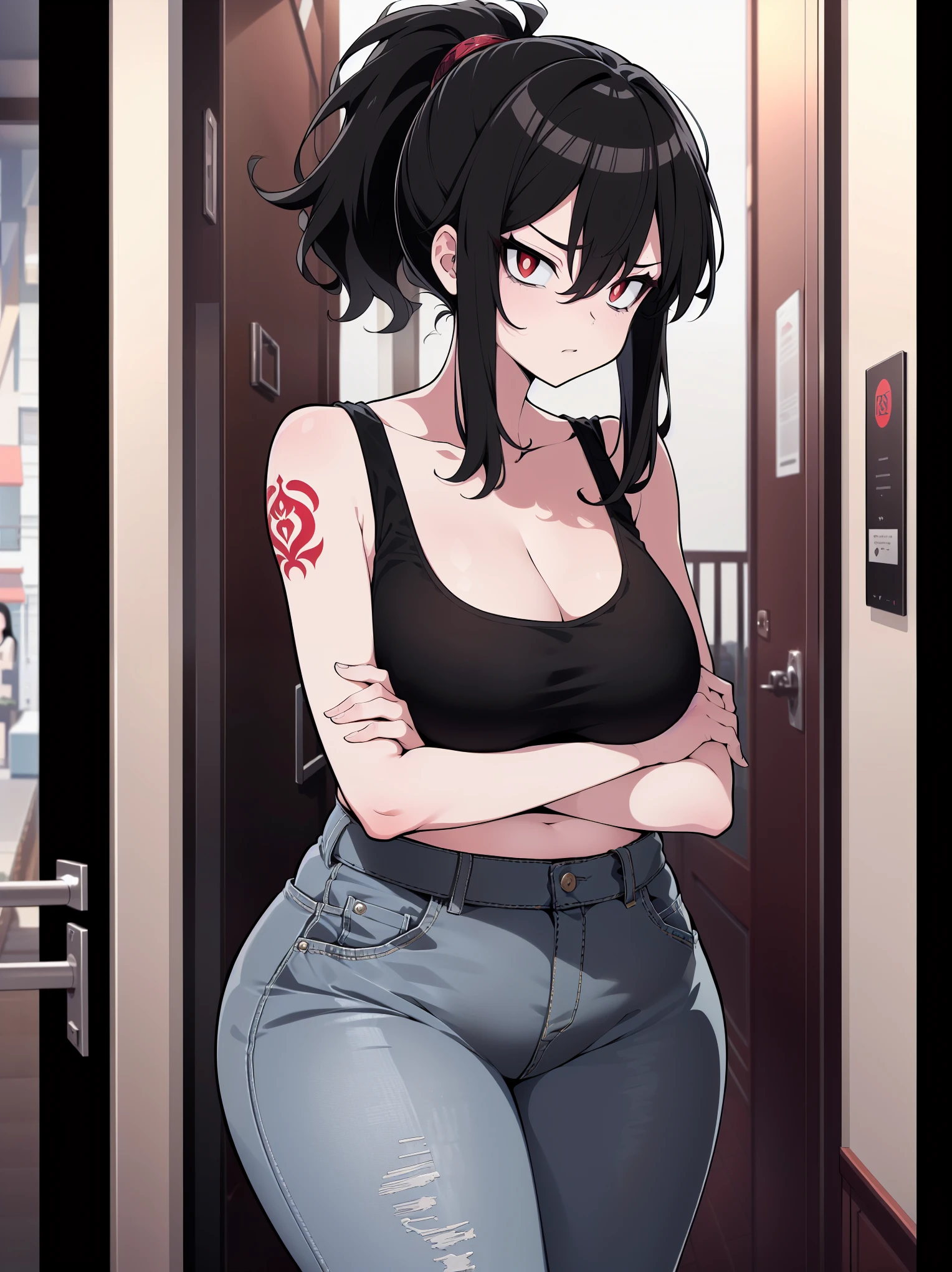 (cowboy shot), (ultra-high resolution, depth of field:1.2), 1woman, mature, plump, (black hair), short messy hair, ponytail, (red eyes), (bags under eyes:1.1), (large breasts), (wide hips:1.2), (gray tank top), black jeans, arm tattoo, angry, apartment entrance scenery, crossed arms