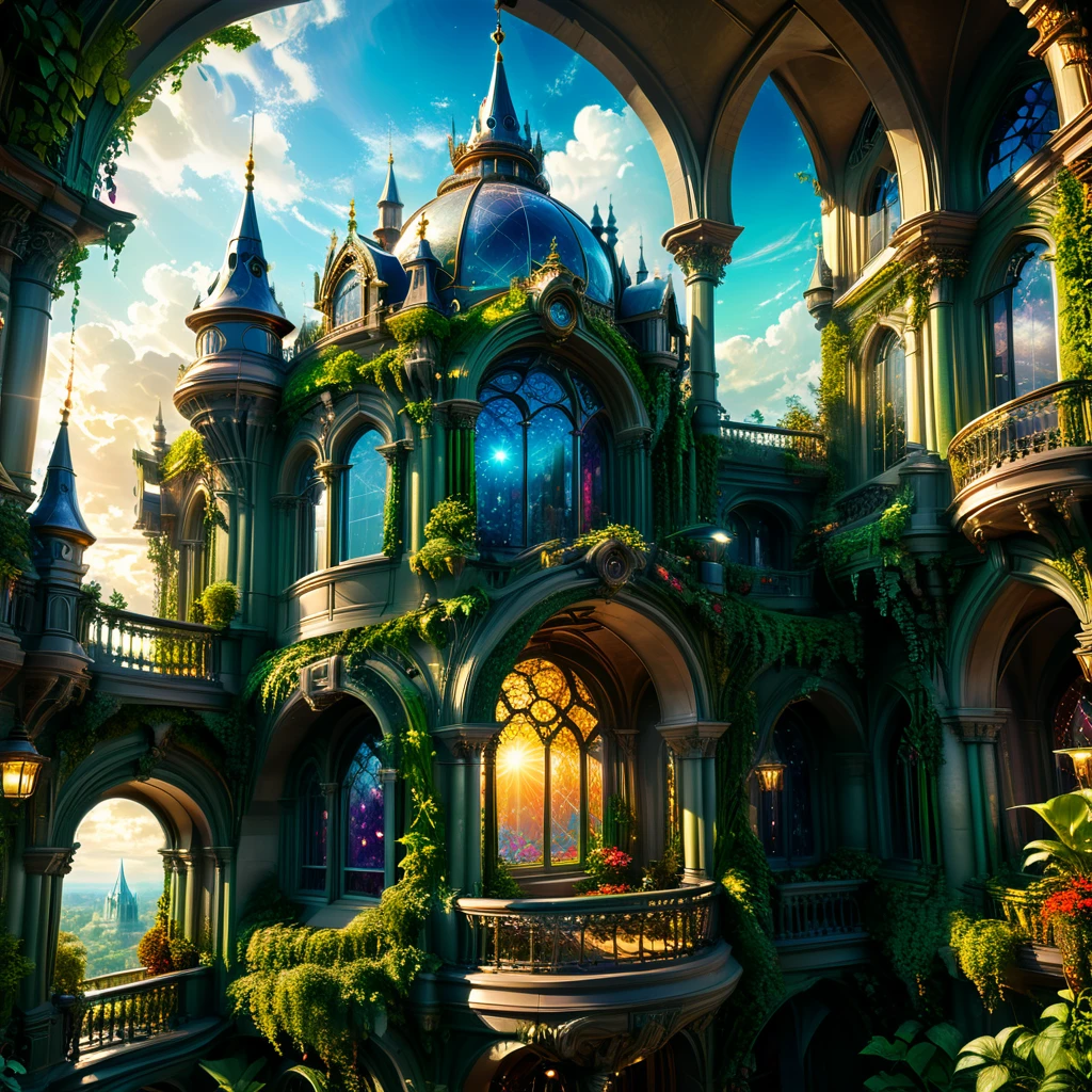 a magnificent floating royal castle in the sky, a huge astronomical telescope on the balcony, ornate architecture, highly detailed, intricate carvings and decorations, glowing crystals, sunlight streaming through stained glass windows, overflowing gardens, lush greenery, (best quality,4k,8k,highres,masterpiece:1.2),ultra-detailed,(realistic,photorealistic,photo-realistic:1.37),detailed lighting, dramatic shadows, vibrant colors, fantasy, digital art, concept art