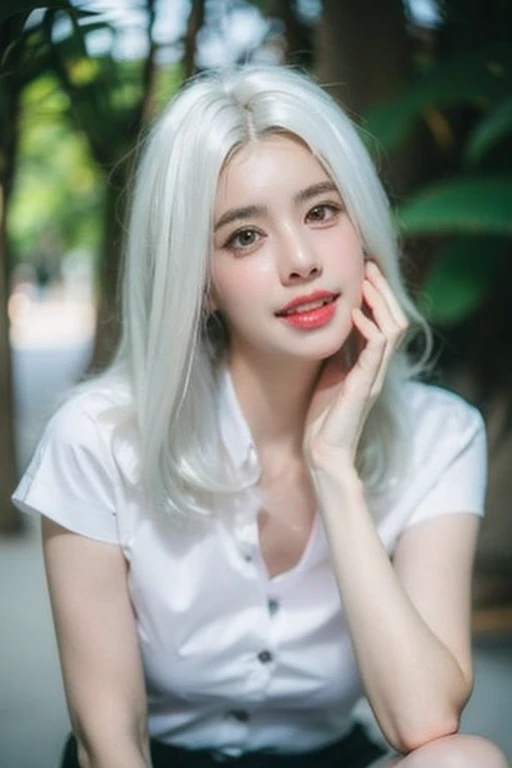 photoPractical,Practical, photoPractical, best quality, Ultra-high resolution, 1 girl, ((Upper Body)), ((Brown hair:1+White hair:1.5)) ,(White shirt:1),Black tight skirt,Sexy pose,lol, Pure complexion_v1,Lean over,