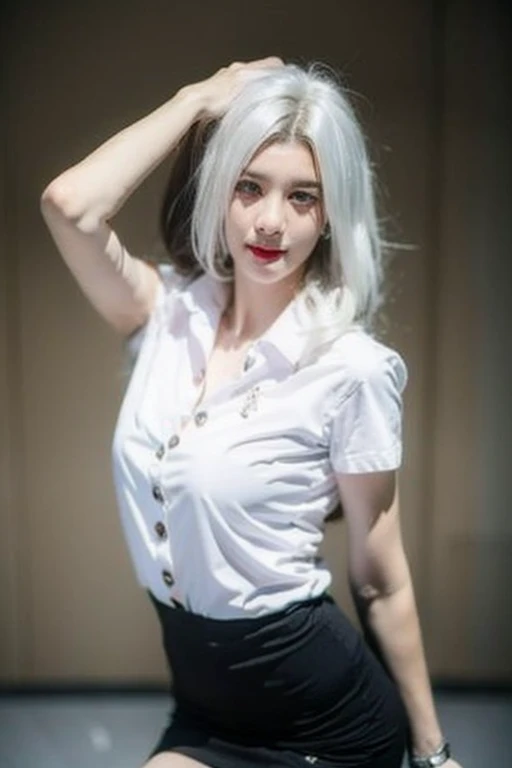 photoPractical,Practical, photoPractical, best quality, Ultra-high resolution, 1 girl, ((Upper Body)), ((Brown hair:1+White hair:1.5)) ,(White shirt:1),Black tight skirt,Sexy pose,lol, Pure complexion_v1,Lean over, 