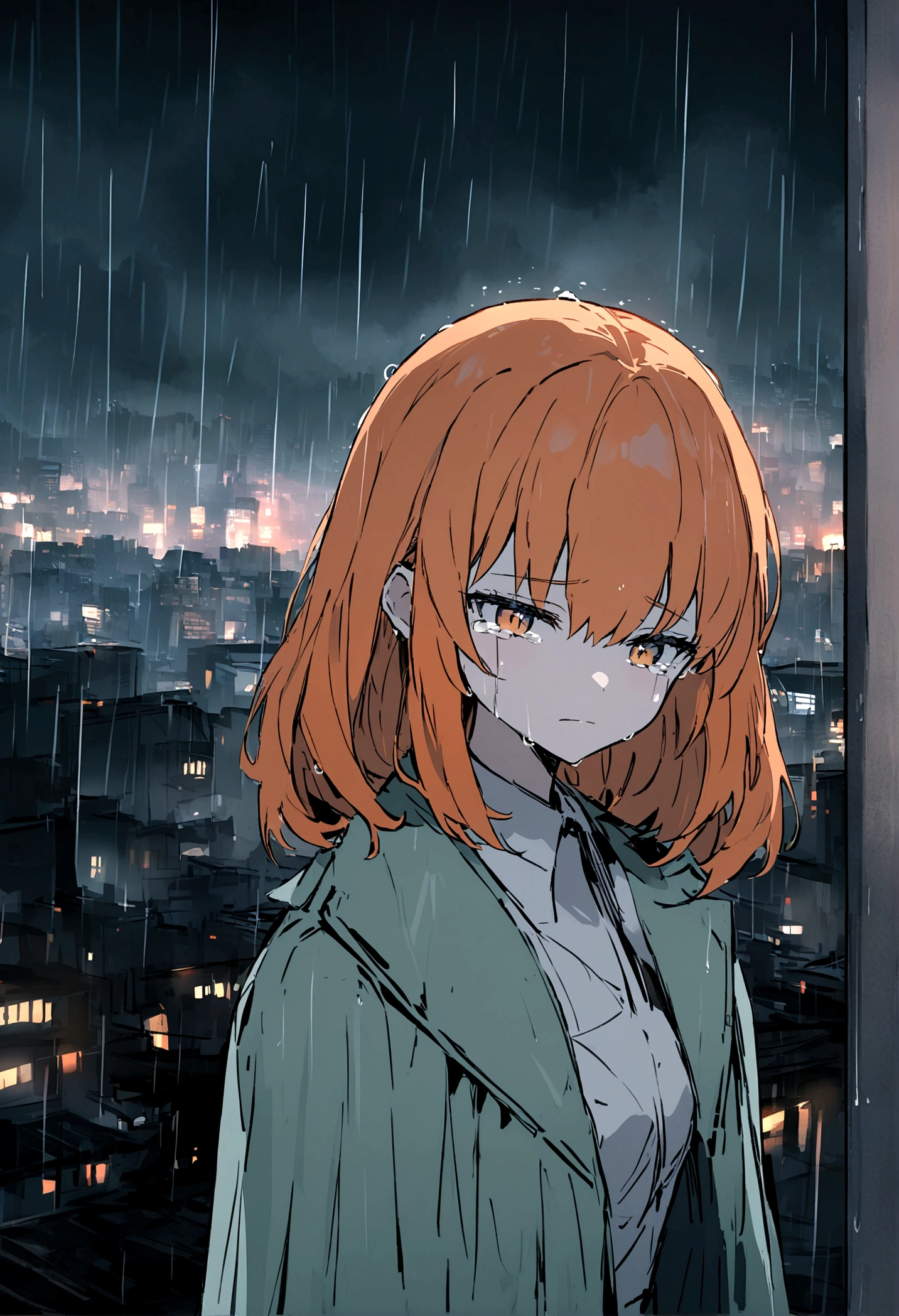 Anime fox girl, orange hair,, neutral face, tears on left eye, basking in the rain,, cityscape, pale colors, UHD, villain vibes