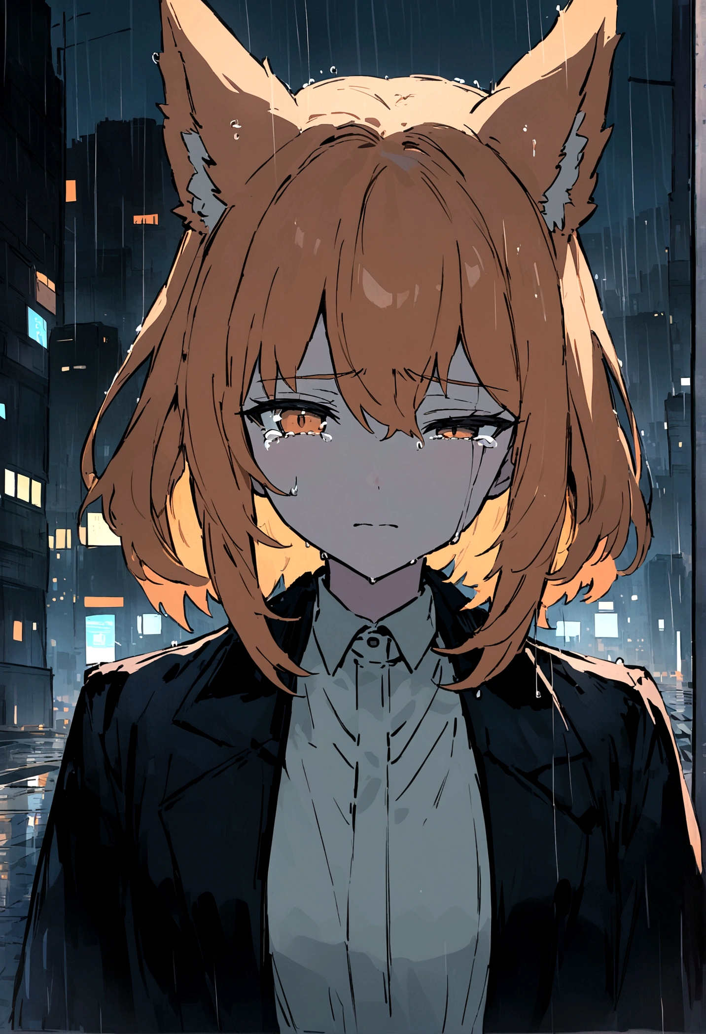 Anime fox girl, orange hair,, neutral face, tears on left eye, basking in the rain,, cityscape, pale colors, UHD, villain vibes