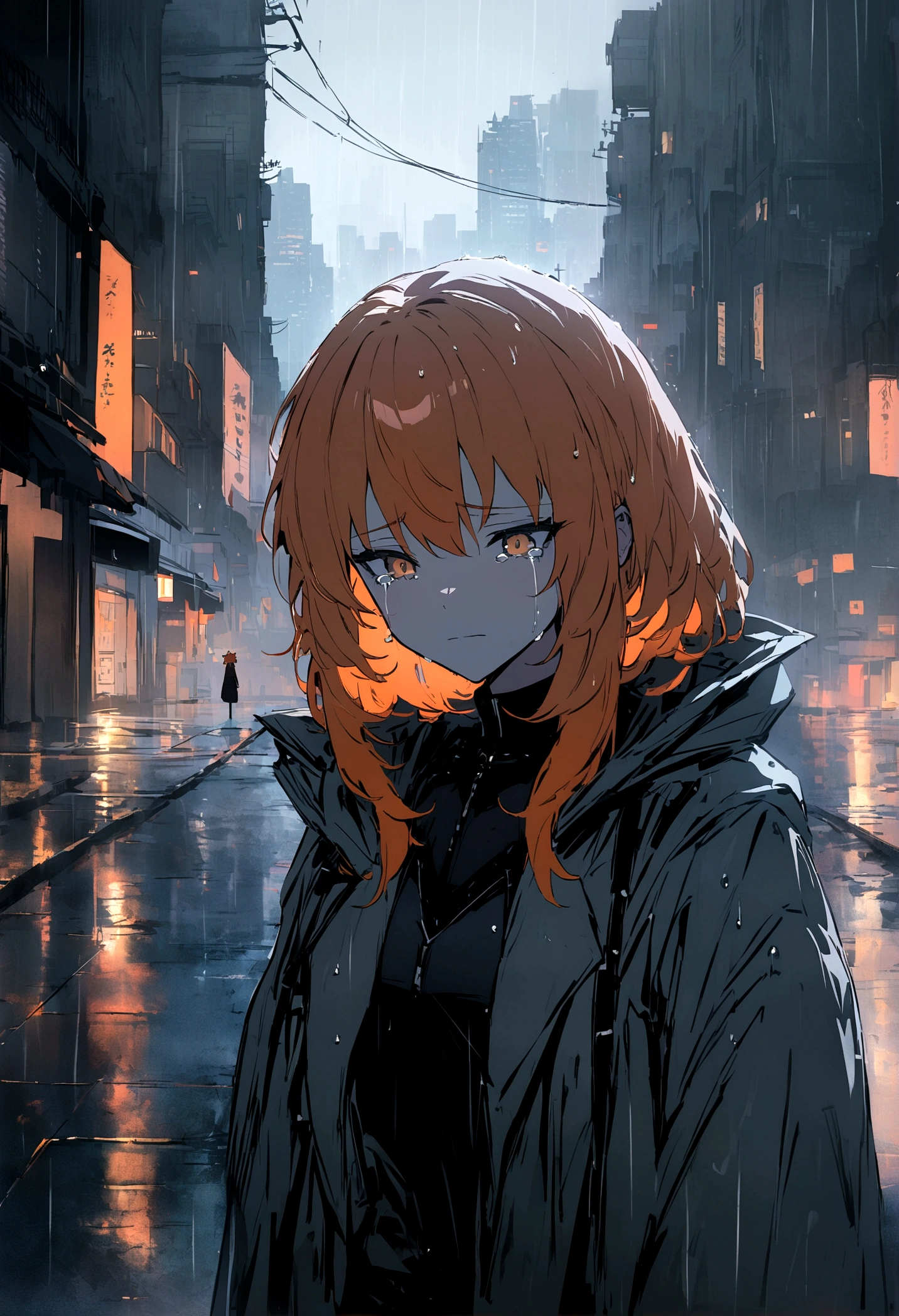 Anime fox girl, orange hair,, neutral face, tears on left eye, basking in the rain,, cityscape, pale colors, UHD, villain vibes