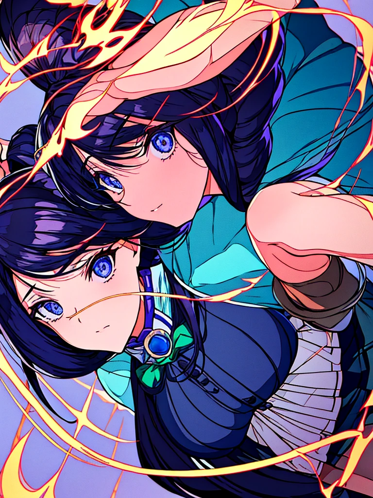 Persona of Kimetsu no Yaiba, Women, that has black hair that is loose and long to the top of the butt, with the hair in front divided in two and two strands tied in the back with a luminous light blue pearl brooch, light blue haori, and navy blue jacket uniform, Short skirt, long light aul knee stockings, and boots like Kanao Tsuyuri's, gray eyes with black pupil, like those of Daki the upper sixth moon, and light and cute smile. Illuminating blue pearl earrings.