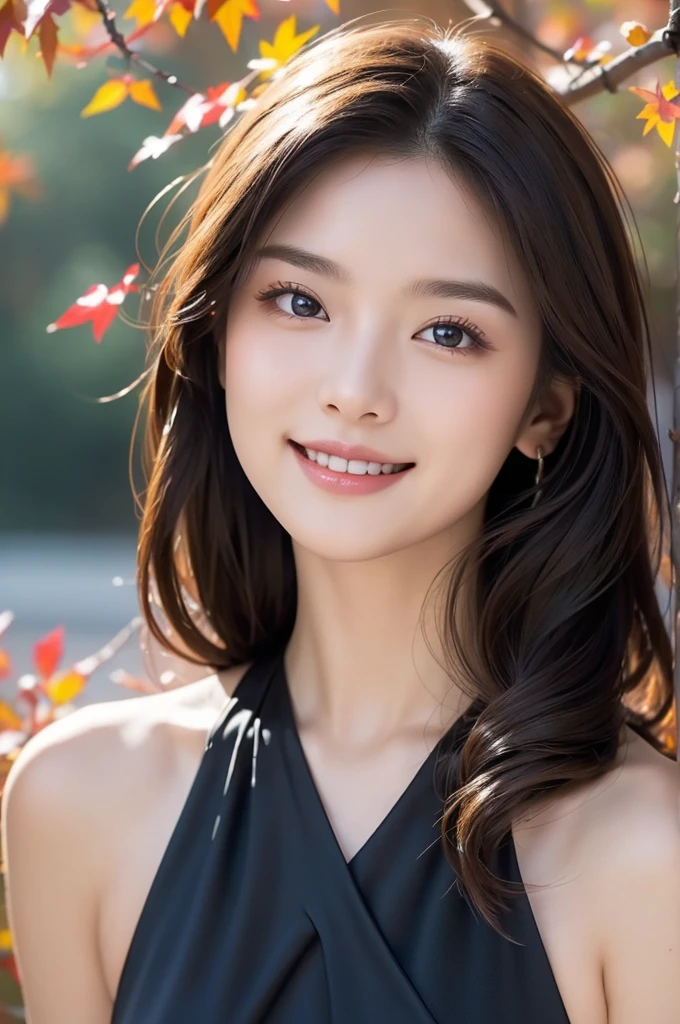 8K Super Resolution、Beauty、One Lady、Dark Brown Hair:1.1、Ultra-detailed face、Detailed lips、important、(Eyes meet)、double eyelid、Princess Eyes、 Beautiful Japanese Woman、Beautiful Japanese Woman、 Sensual lips、Bewitching body、Bust size 82、8 Life-size、Standing in a provocative pose facing forward with a well-balanced, natural body、Girlfriend in her 20s、(28 years old)、far and near method、Smiling with a nice smile、 Wearing a black one-piece dress、Hair blowing in the wind、Clear images、The sparkle of tiny eyes、Fine autumn leaves dyed red、color々Hair style、