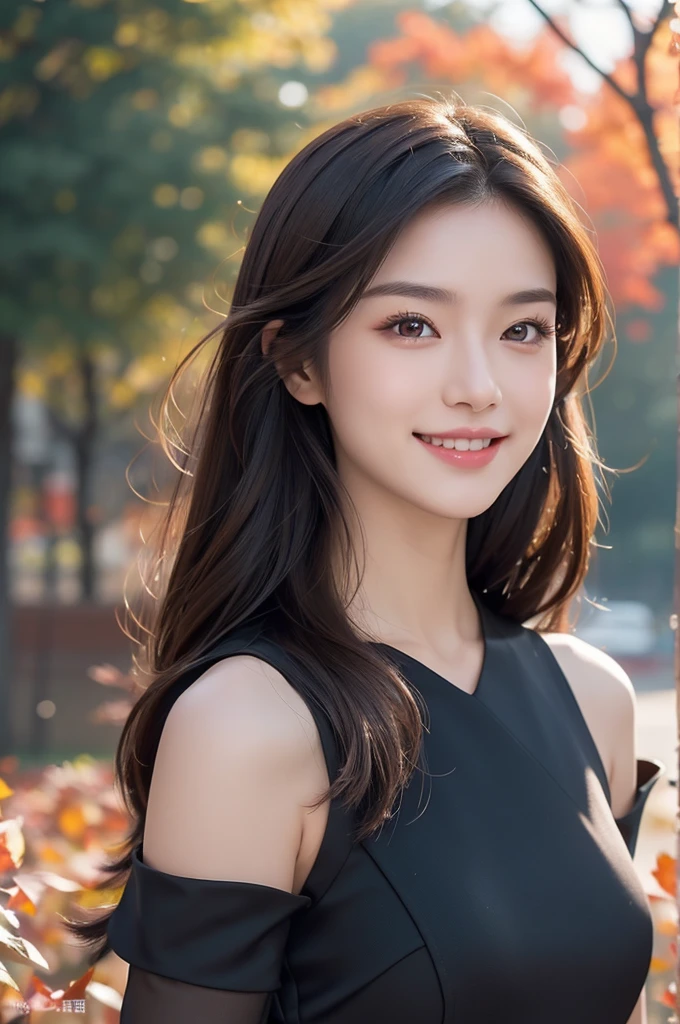 8K Super Resolution、Beauty、One Lady、Dark Brown Hair:1.1、Ultra-detailed face、Detailed lips、important、(Eyes meet)、double eyelid、Princess Eyes、 Beautiful Japanese Woman、Beautiful Japanese Woman、 Sensual lips、Bewitching body、Bust size 82、8 Life-size、Standing in a provocative pose facing forward with a well-balanced, natural body、Girlfriend in her 20s、(28 years old)、far and near method、Smiling with a nice smile、 Wearing a black one-piece dress、Hair blowing in the wind、Clear images、The sparkle of tiny eyes、Fine autumn leaves dyed red、color々Hair style、