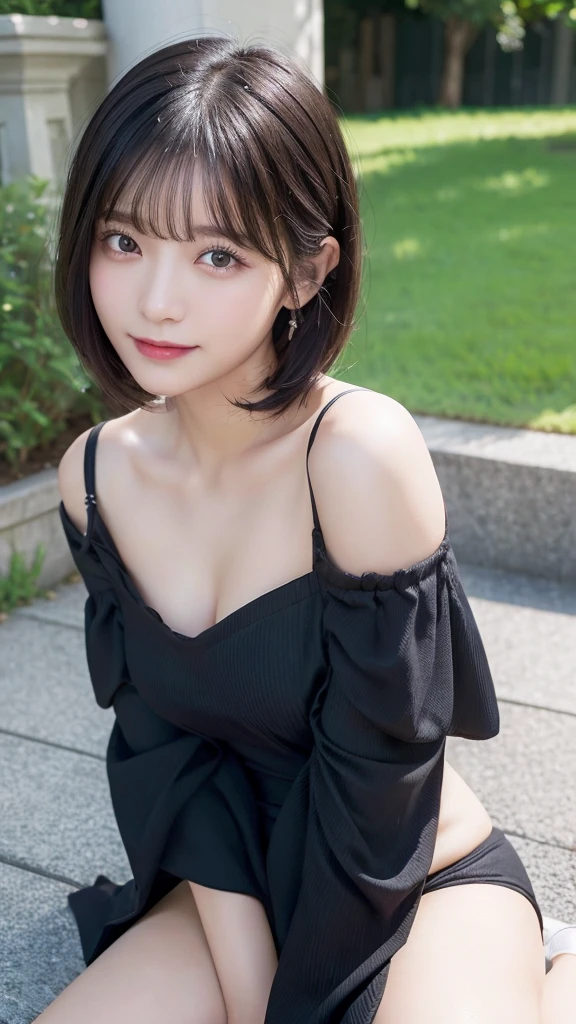 Black Hair、(Off-the-shoulder dress:1.3)、short hair、hair accessory、Laugh a little、See-through、High-quality panties available、(Highest quality,masterpiece:1.3,Ultra-high resolution,),(Ultra-detailed,Caustics),(Photorealistic:1.4,RAW shooting,)Ultra-Realistic Capture,Very detailed,High resolution 16K human skin closeup。 The skin texture is natural、Detailed face and eyes、Sit on the stairy hair sways in the wind、High-quality panties available、